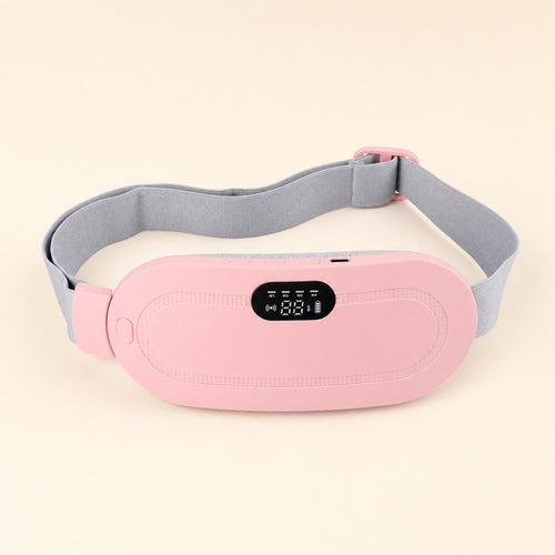Ceinture chauffante LUNARA vue de face : coque rose, écran de contrôle, sangle grise ajustable