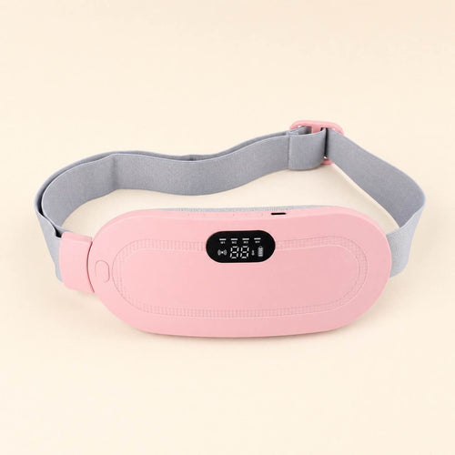 Ceinture chauffante LUNARA vue de face : coque rose, écran de contrôle, sangle grise ajustable